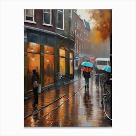 Amsterdam cafes, autumn season, rain, autumn oil colours.Faded colours,People passing on the street, winter clothes, rain umbrellas..10 1 Canvas Print