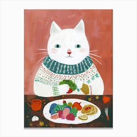 White Cat Salad Lover Folk Illustration 1 Canvas Print