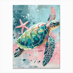 Sea Turtle With A Star Fish Pastel 2 Canvas Print
