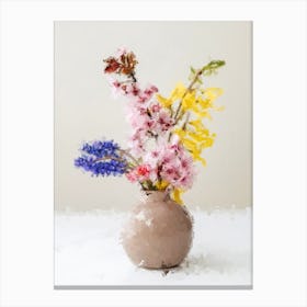 Blue, Pink And Yellow Flowers In A Vase Canvas Print