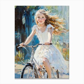 A Girl In A White Dress Rides A Bicycle Canvas Print