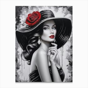 Woman In A Black Hat With Red Rose 2 Canvas Print