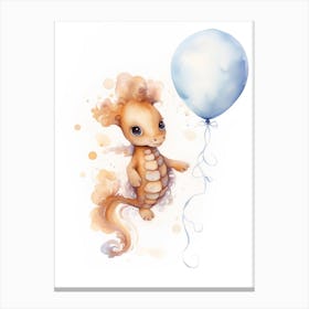 Baby Seahorse Flying With Ballons, Watercolour Nursery Art 1 Canvas Print