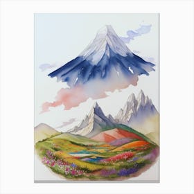 Watercolor Of Two Mountains And Flowers Canvas Print