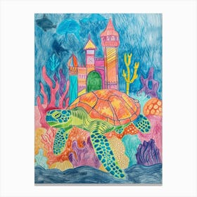 Sea Turtle With An Underwater Castle Pencil Crayon Scribble Canvas Print
