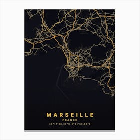 Marseille France Black And Gold Map Canvas Print