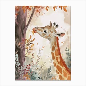 Giraffe Eating Leaves Storybook Watercolour Canvas Print
