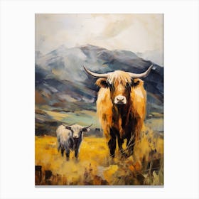 A Highland Cow & A Calf Impressionism Style 4 Canvas Print