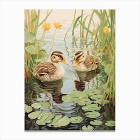 Ducklings With The Water Lilies Japanese Woodblock Style  2 Canvas Print