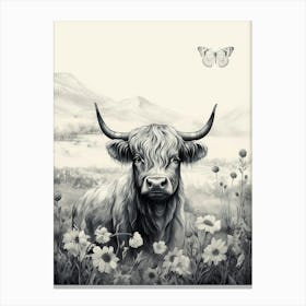 Black & White Illustration Of Highland Cow With Butterfly Canvas Print
