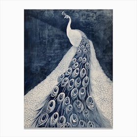 Navy Blue Peacock Linocut Inspired Peacock On A Path 3 Canvas Print