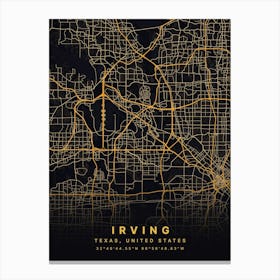 Irving Texas United States Black And Gold Map Canvas Print