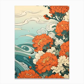 Great Wave With Marigold Flower Drawing In The Style Of Ukiyo E 1 Canvas Print
