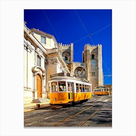 Traditional Trams In Front Of Lisbon Cathedral In Alfama District Lisbon, Portugal Canvas Print