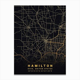 Hamilton Ohio USA Black And Gold Map Canvas Print