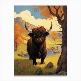 Animated Black Bull In Autumnal Highland Setting 2 Canvas Print