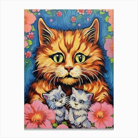 Louis Wain, Surreal Cat With Kittens And Flowers 2 Canvas Print