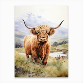 Highland Cow In Field With Stream In The Distance Canvas Print