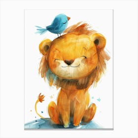 Small Joyful Lion With A Bird On Its Head 1 Canvas Print