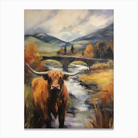 Highland Cow On A Cloudy Bridge By The Railway Track Canvas Print