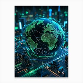 A Complex Network Of Intertwining Glowing Fibers Representing Global Telecom Connections And Financi Canvas Print