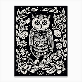 B&W Bird Linocut Owl 4 Canvas Print