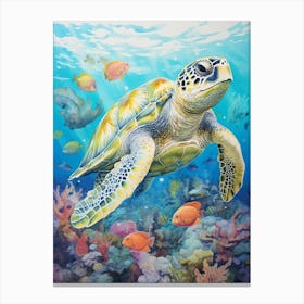 Sea Turtle In The Ocean Linograph Illustration 2 Canvas Print