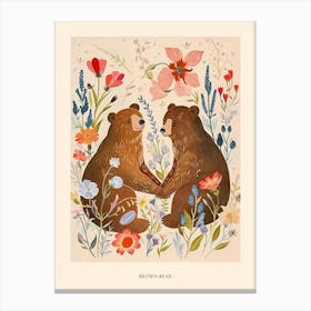 Folksy Floral Animal Drawing Brown Bear 4 Poster Canvas Print