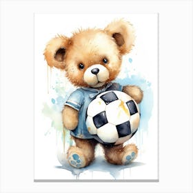 Football Soccer Ball Teddy Bear Painting Watercolour 3 Canvas Print