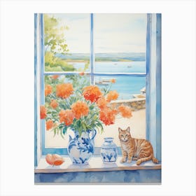 Cat With Azalea Flowers Watercolor Mothers Day Valentines 2 Canvas Print