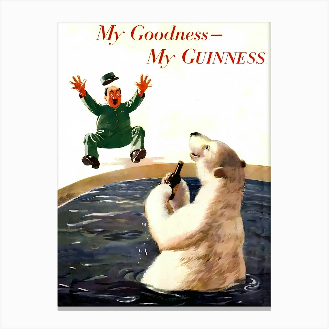 My Guinness, Polar Beer in Pool with a Beer Bottle and Amazed Zoo Keeper, Funny Beer Advertising Poster Canvas Print by Vintage Spirit