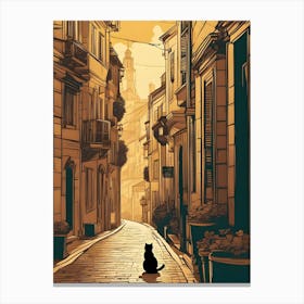 Black Cat Sat On Cobbled Streets Canvas Print