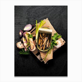 Sandwich with sprats onions and parsley — Food kitchen poster/blackboard, photo art Canvas Print