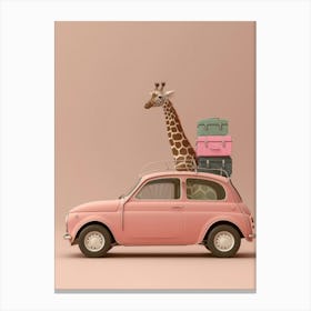 Giraffe On A Pink Car Canvas Print
