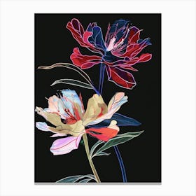Neon Flowers On Black Peony 3 Canvas Print