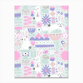 Cute Easter Bunnies and Birds Cut Out Collage Mint Green, Purple, Pink Kids Canvas Print