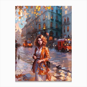 Woman Walking In The City On A Rainy Day Canvas Print
