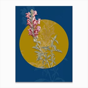Vintage Botanical Red Dragon Flowers on Circle Yellow on Blue Canvas Print