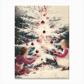 Two Girls Decorating A Christmas Tree Canvas Print