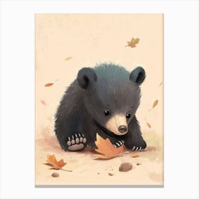 American Black Bear Cub Playing With A Fallen Leaf Storybook Illustration 3 Canvas Print