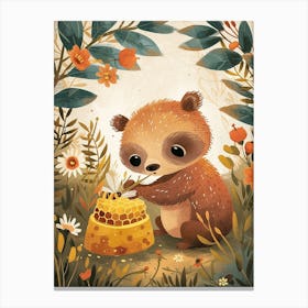 Sloth Bear Cub Playing With A Beehive Storybook Illustration 2 Canvas Print