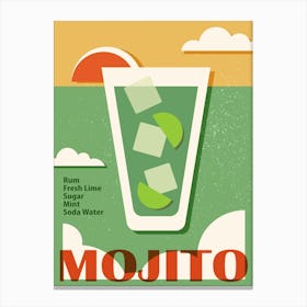 Mojito recipe poster, Cocktail art print, Retro 70s Canvas Print