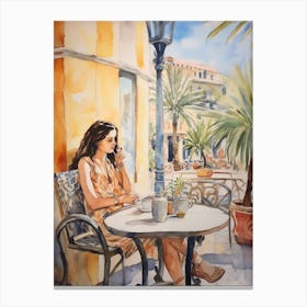At A Cafe In Tenerife Spain Watercolour Canvas Print