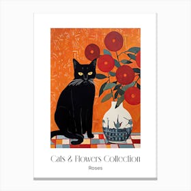 Cats & Flowers Collection Rose Flower Vase And A Cat, A Painting In The Style Of Matisse 4 Canvas Print