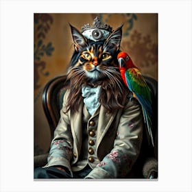 King Cat With Parrot Canvas Print