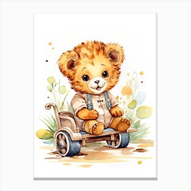 Baby Lion On A Toy Car, Watercolour Nursery 0 Canvas Print