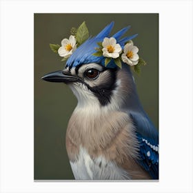 Blue Jay With A Flower Crown European Robin 2 Canvas Print