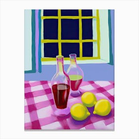Lemons On Checkered Table, Magenta Tones, Frenchch Riviera In Matisse Style 2 Canvas Print
