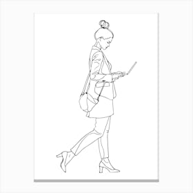 Business Woman Walking With A Laptop Minimalist One Line Illustration Canvas Print