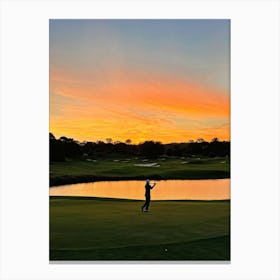 Golfer Mid Swing By A Radiant Sunset Silhouetted On A Serene Golf Course Rolling Hills Backlit By (1) Toile